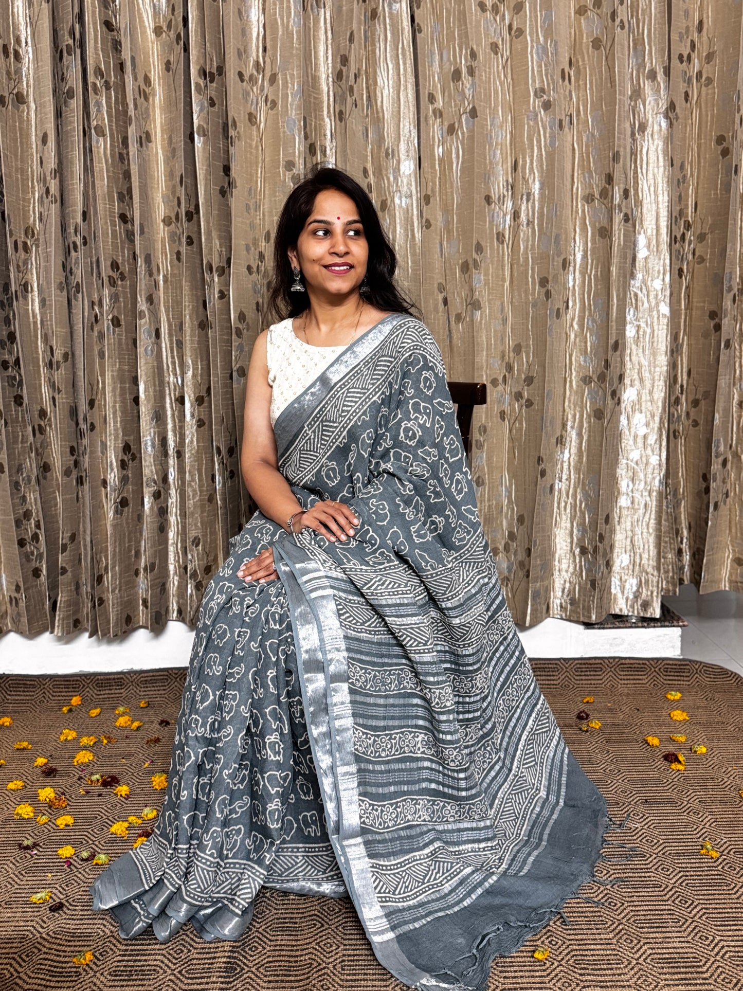 Gray Elephant print Linen Cotton Zari Saree