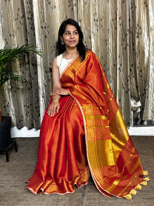 Orange Tissue Linen Saree