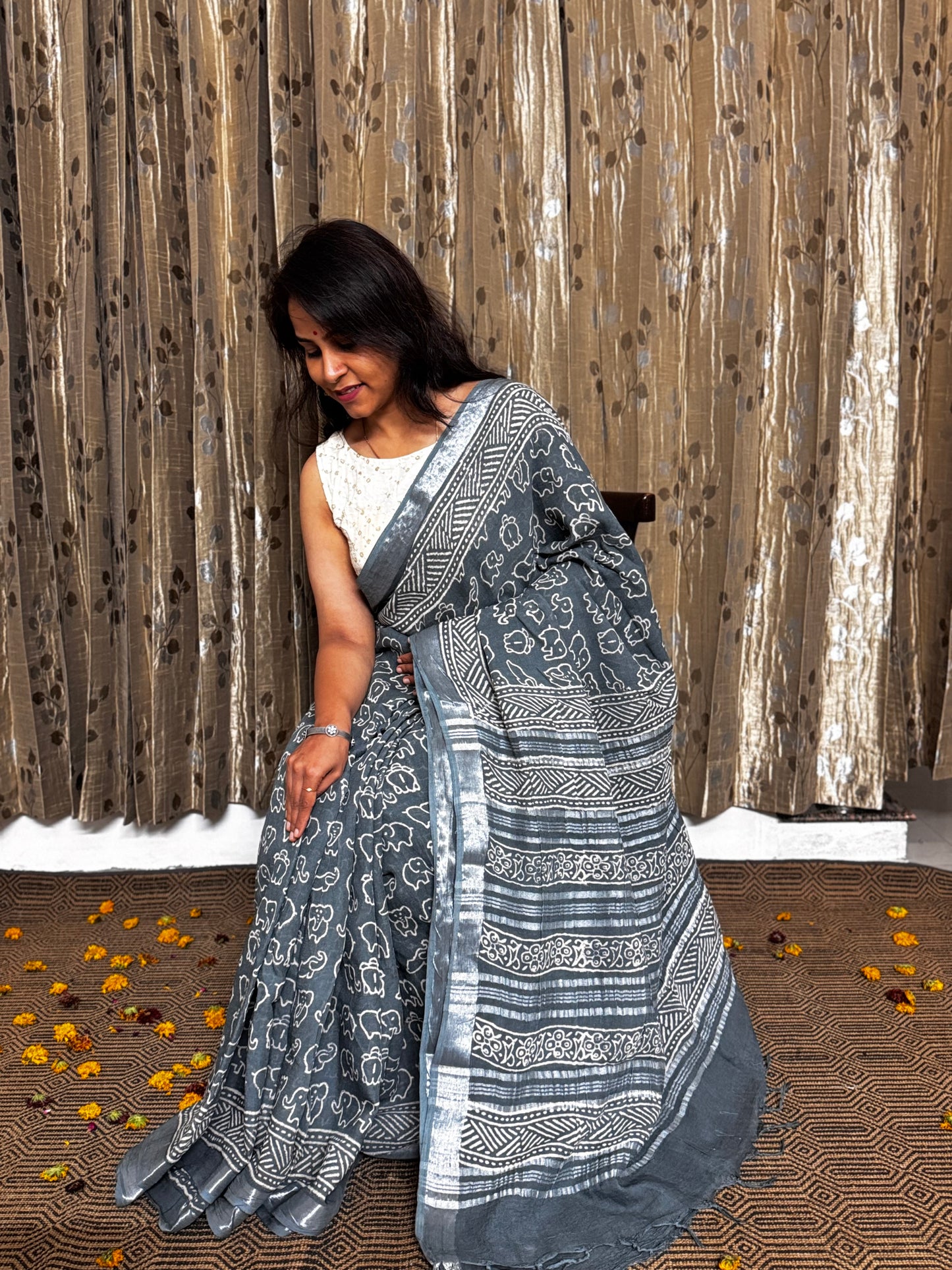 Gray Elephant print Linen Cotton Zari Saree