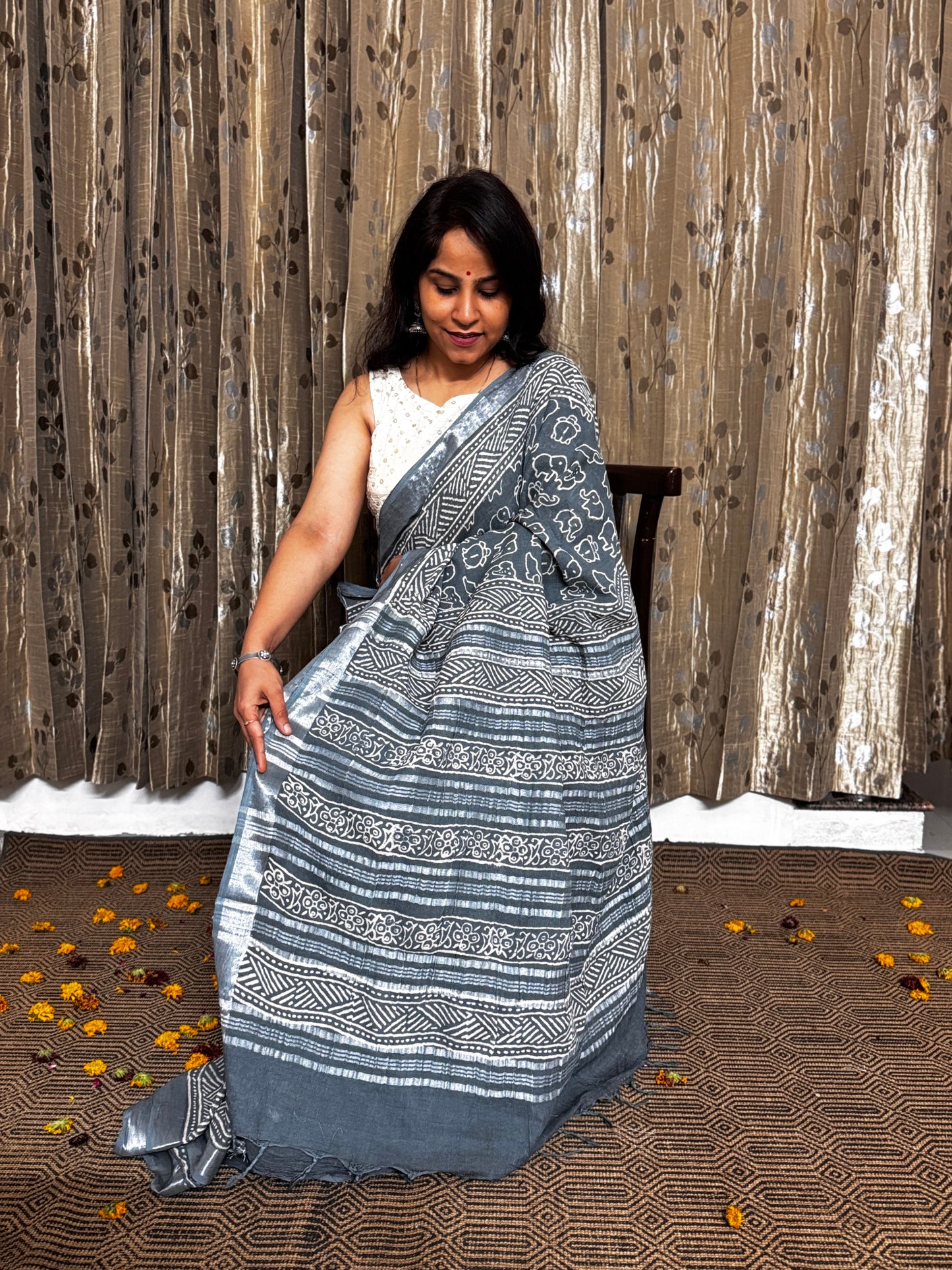 Gray Elephant print Linen Cotton Zari Saree