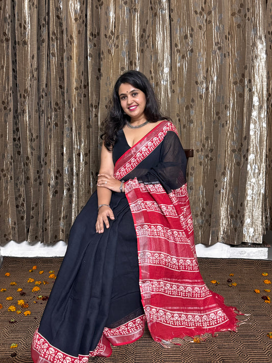 Mridula Black Linen Cotton Zari Saree