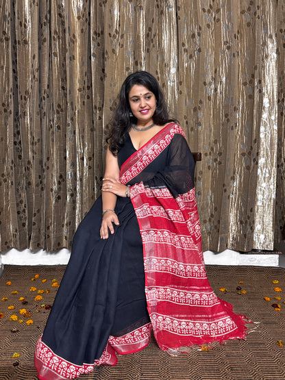 Mridula Black Linen Cotton Zari Saree