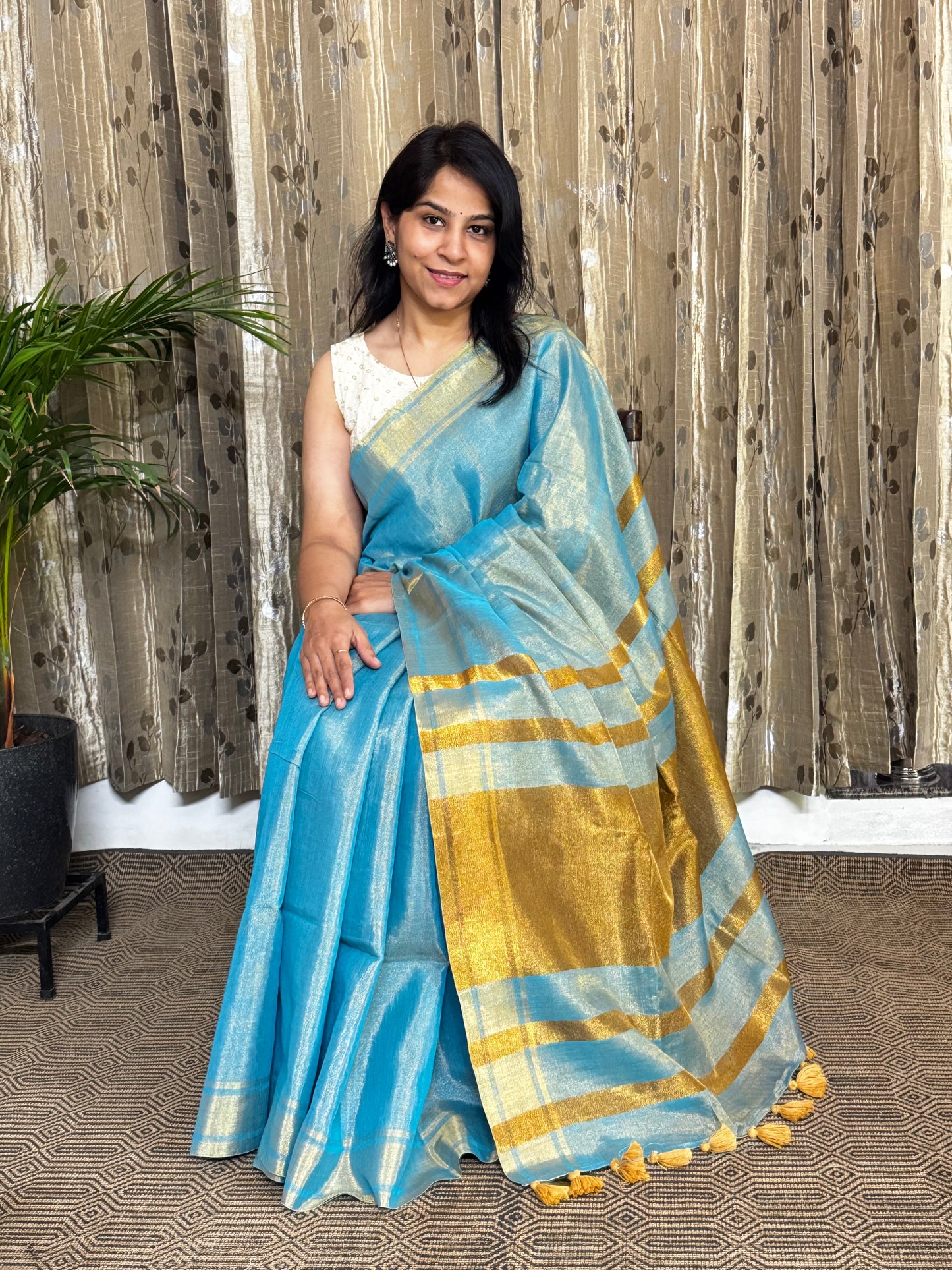 Blue Tissue Linen Zari Saree