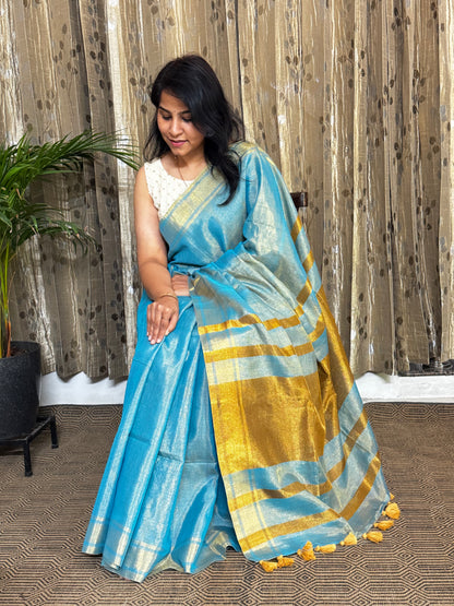 Blue Tissue Linen Zari Saree