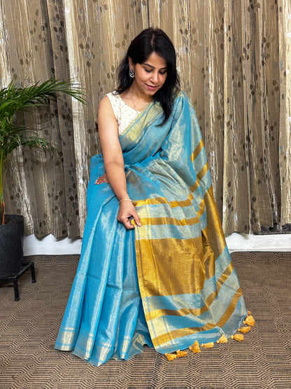 Blue Tissue Linen Zari Saree
