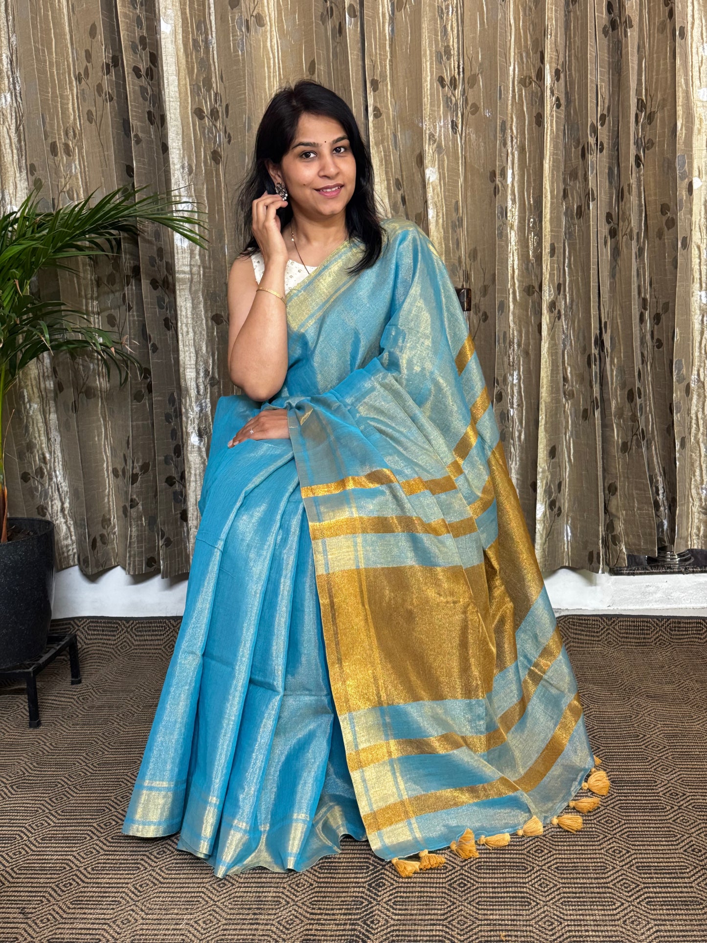 Blue Tissue Linen Zari Saree