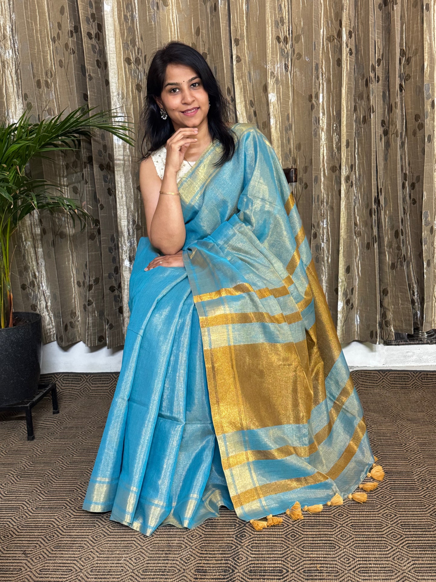 Blue Tissue Linen Zari Saree