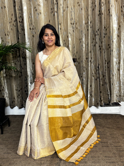 Ivory Tissue Linen Saree