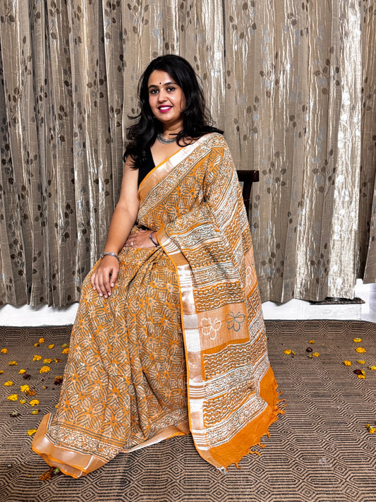 Mridula Mustard Orange Linen Cotton Zari Saree
