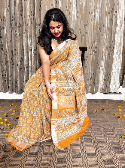 Mridula Mustard Orange Linen Cotton Zari Saree