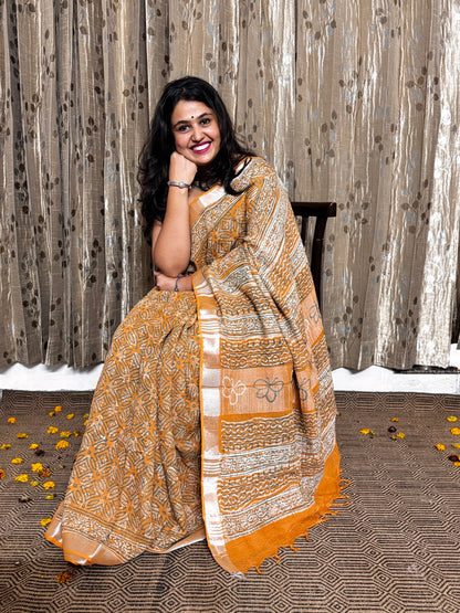 Mridula Mustard Orange Linen Cotton Zari Saree