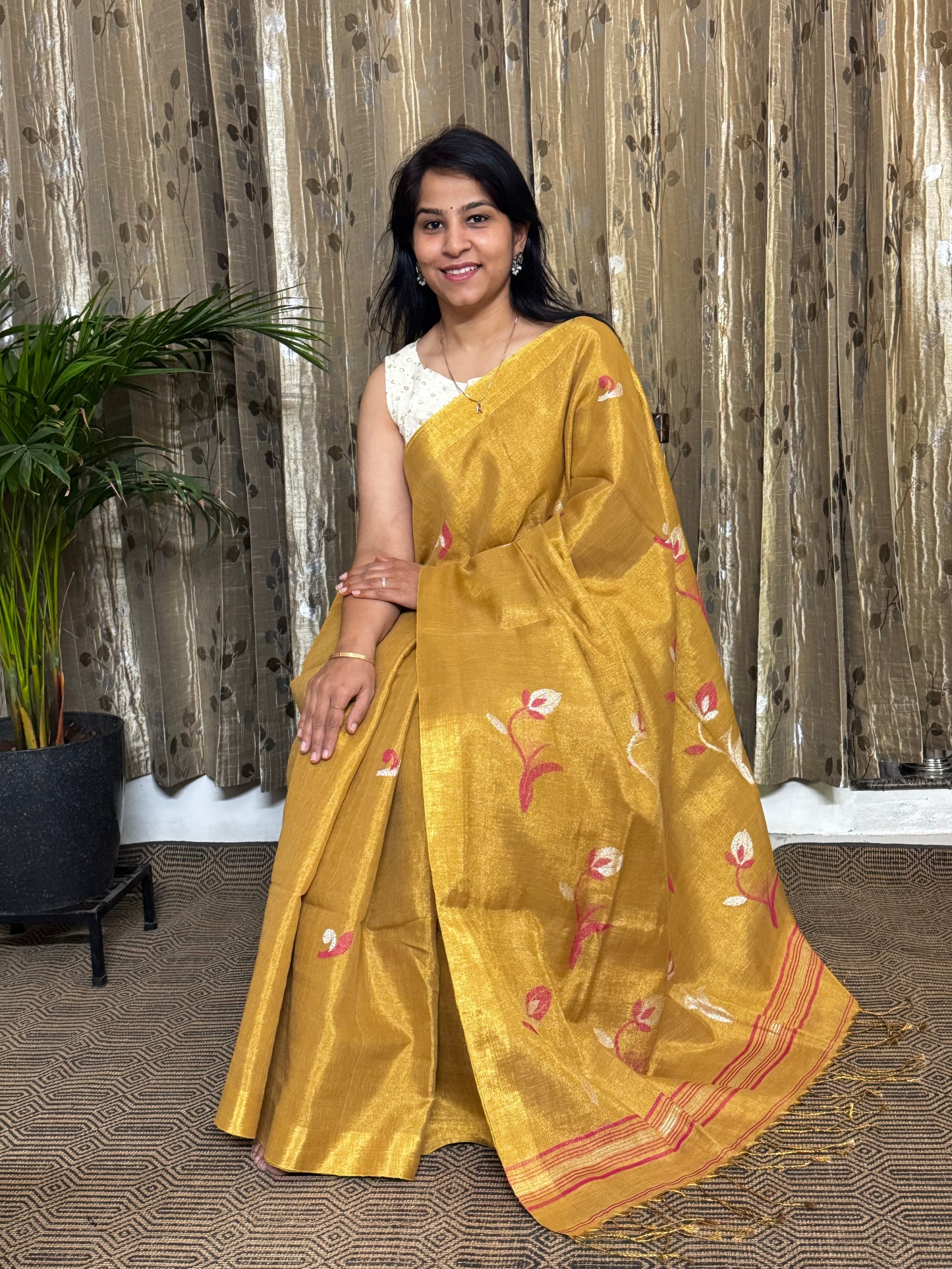Golden Tissue Linen Jamdani Zari Saree