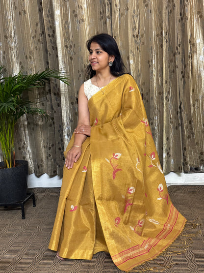 Golden Tissue Linen Jamdani Zari Saree