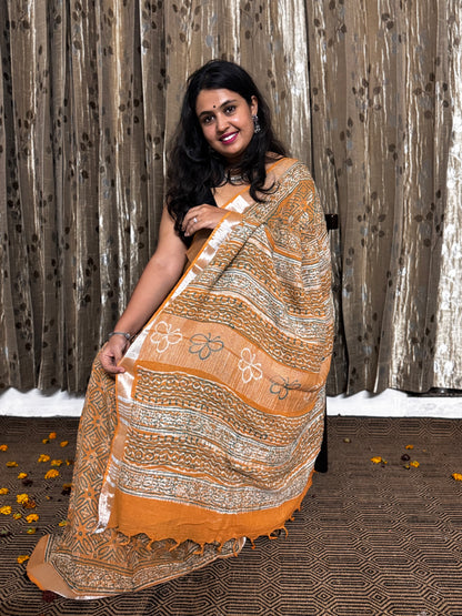 Mridula Mustard Orange Linen Cotton Zari Saree
