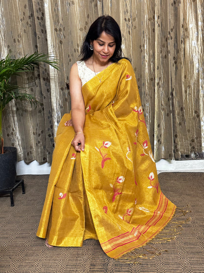 Golden Tissue Linen Jamdani Zari Saree