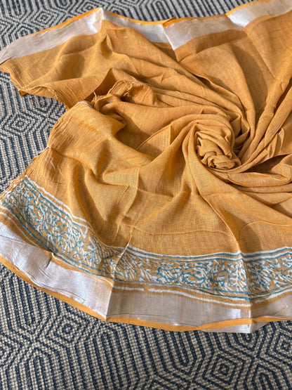 Mridula Mustard Orange Linen Cotton Zari Saree