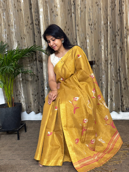 Golden Tissue Linen Jamdani Zari Saree