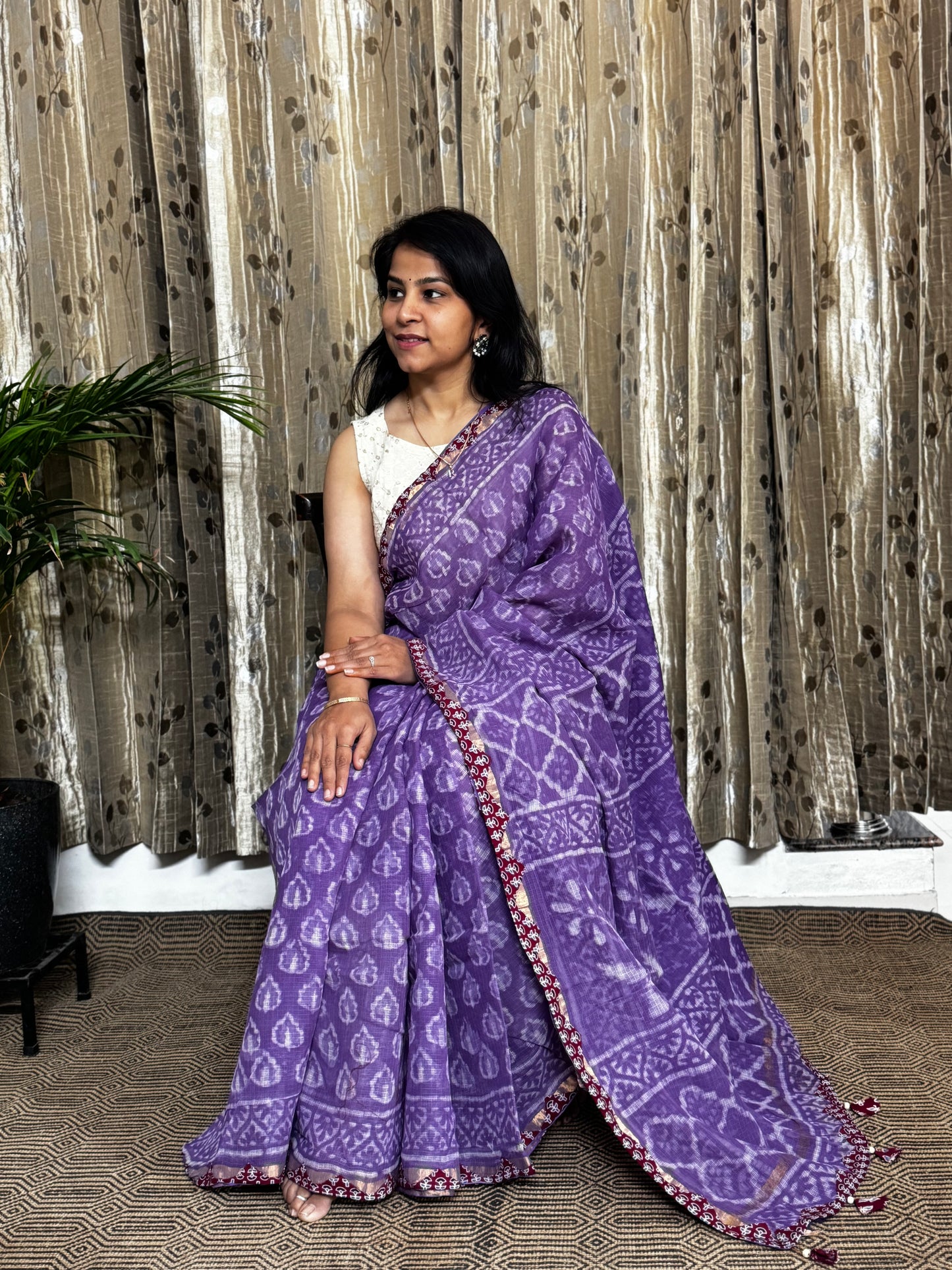 Lavender Block Printed Kota Doria saree