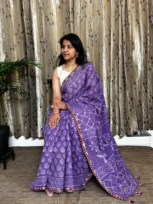 Lavender Block Printed Kota Doria saree