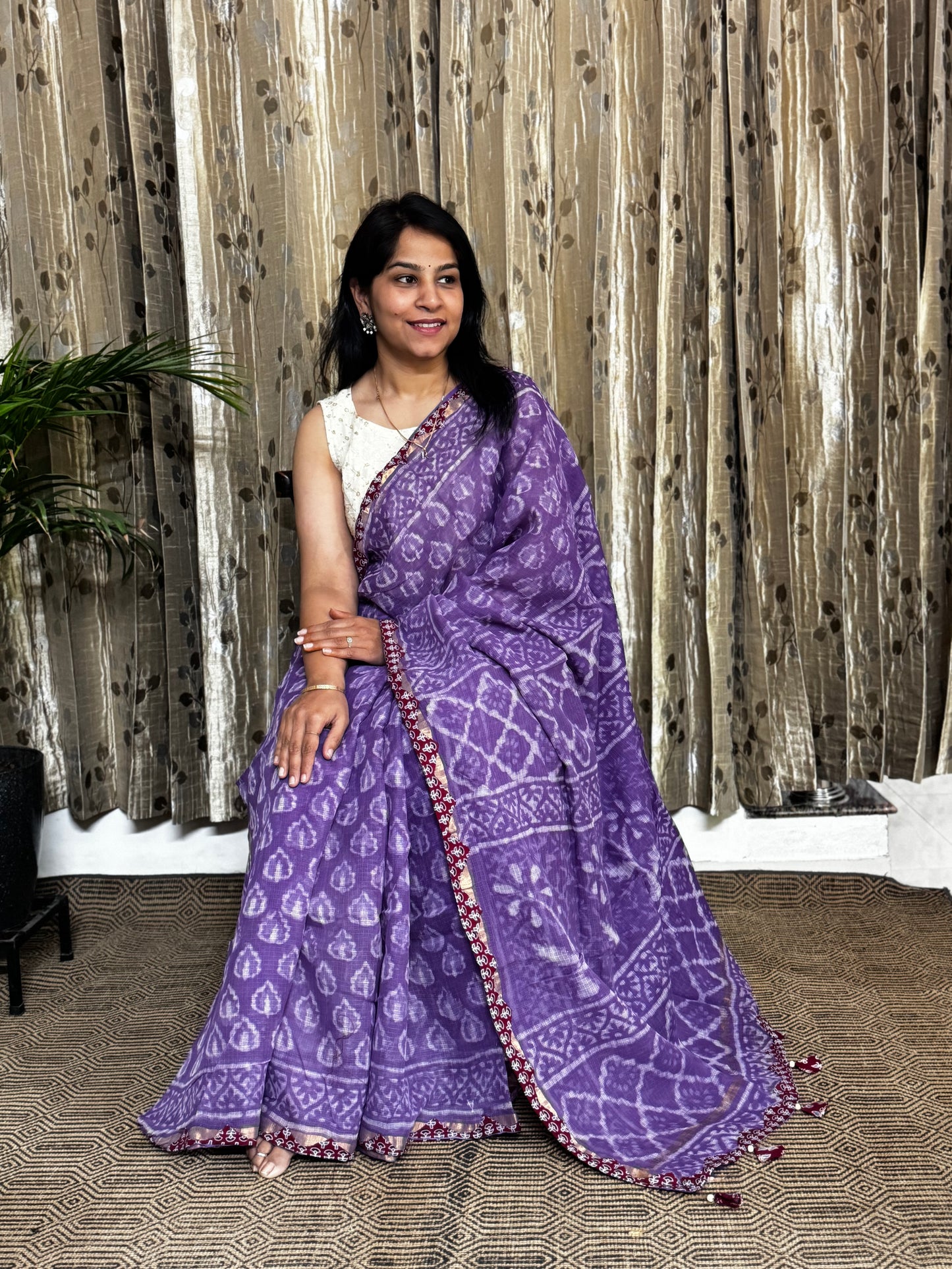 Lavender Block Printed Kota Doria saree