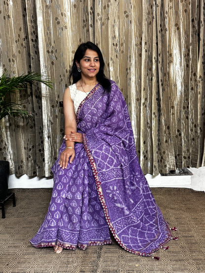 Lavender Block Printed Kota Doria saree
