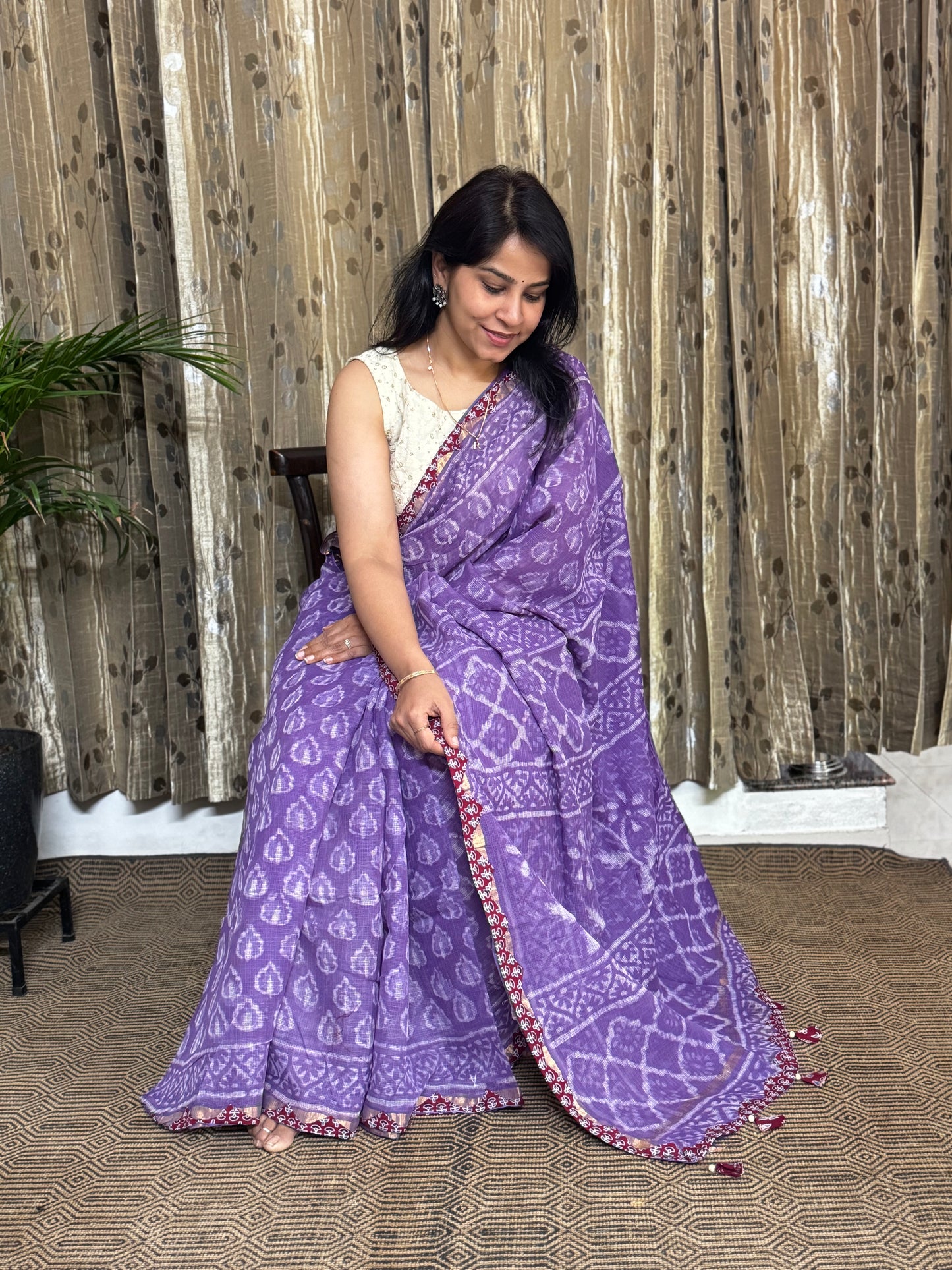 Lavender Block Printed Kota Doria saree