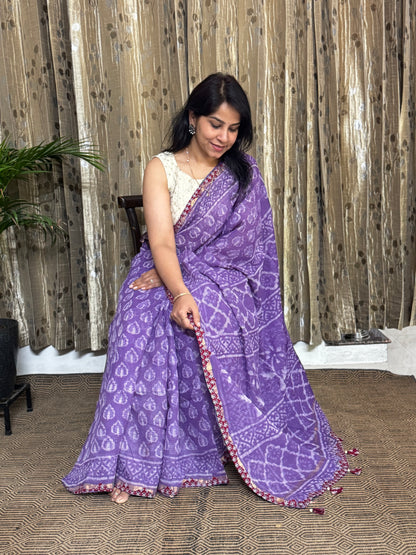 Lavender Block Printed Kota Doria saree