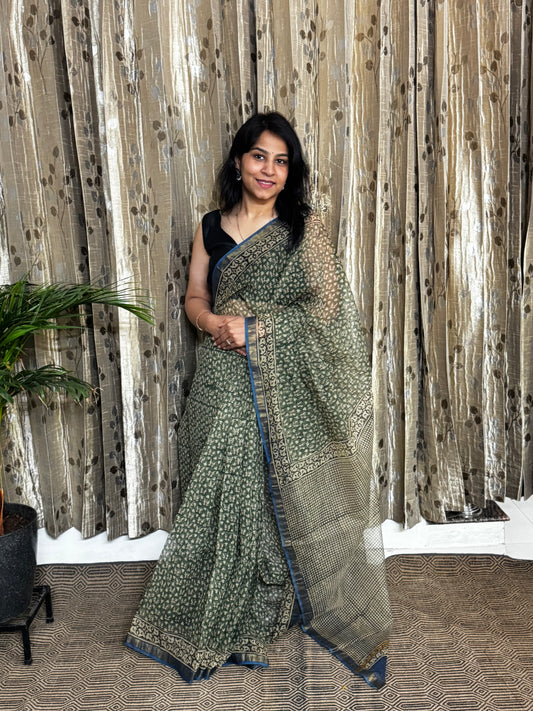 Green Block Printed Kota Doria saree