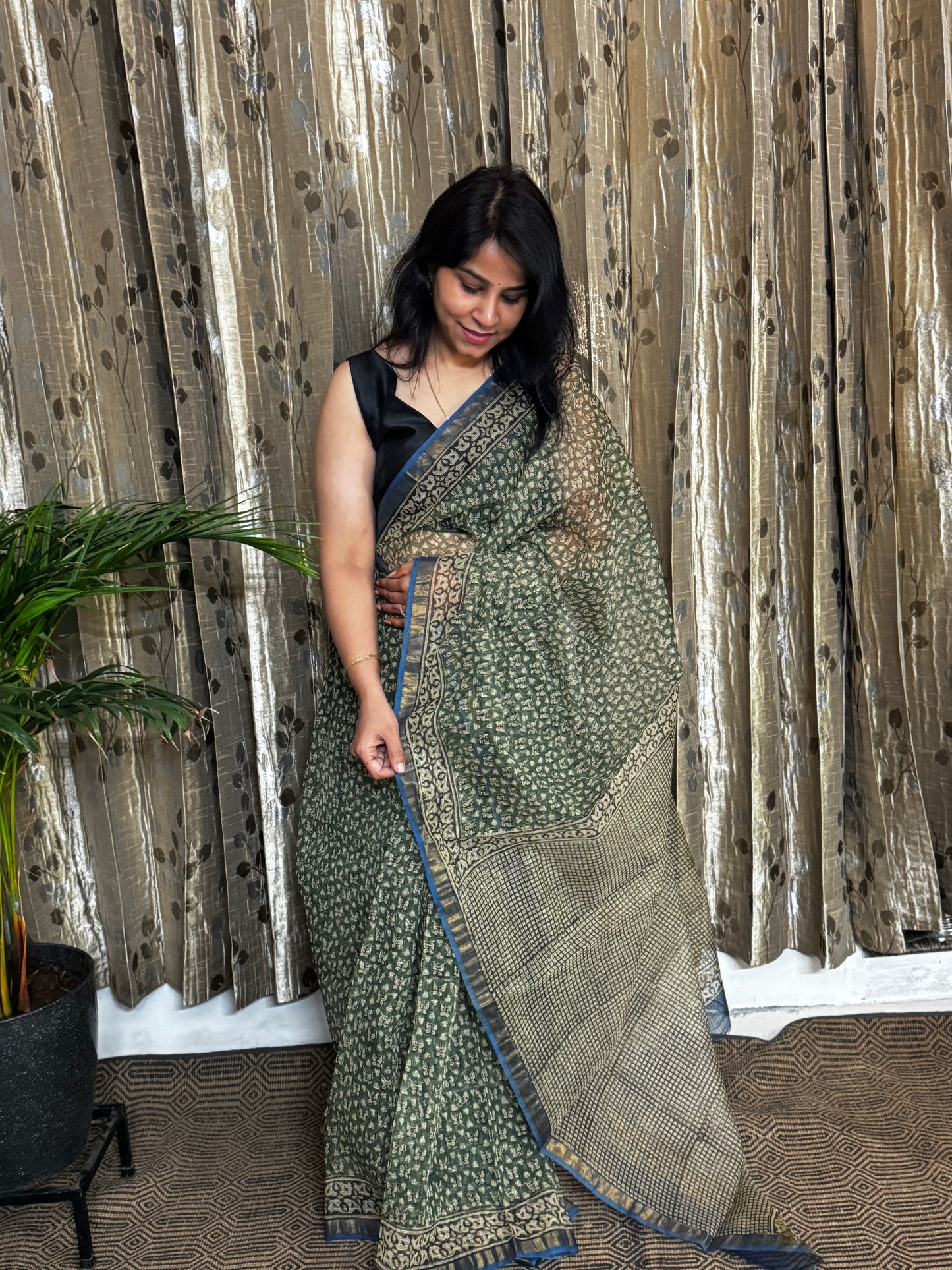 Green Block Printed Kota Doria saree