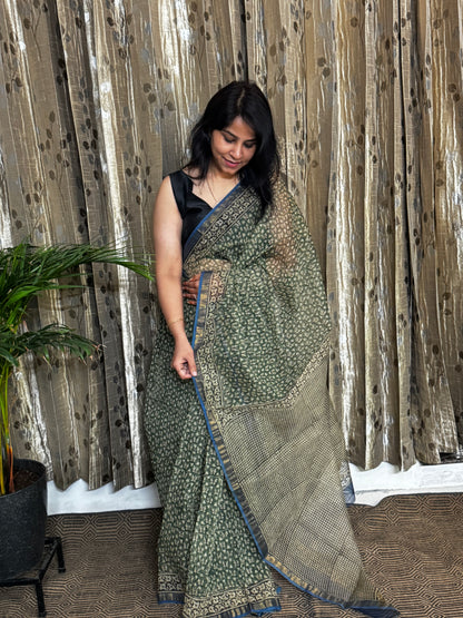 Green Block Printed Kota Doria saree