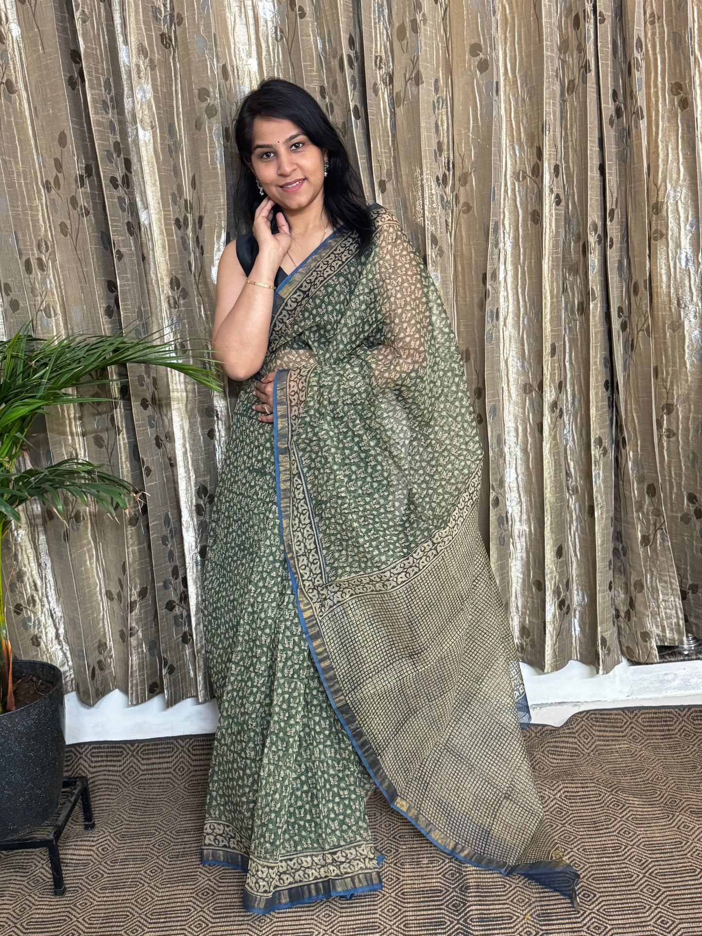Green Block Printed Kota Doria saree