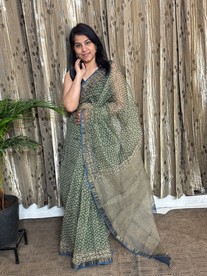 Green Block Printed Kota Doria saree