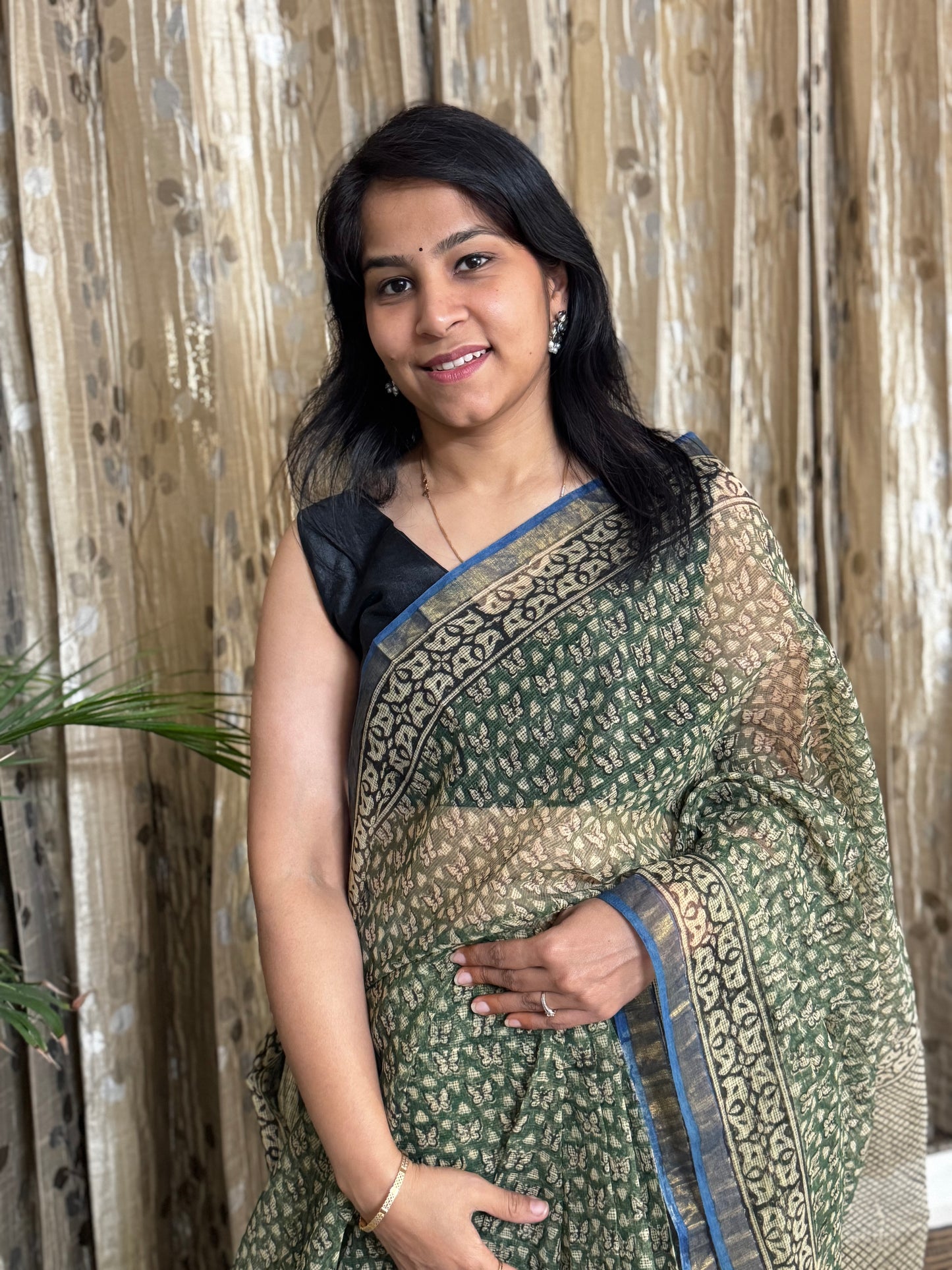 Green Block Printed Kota Doria saree