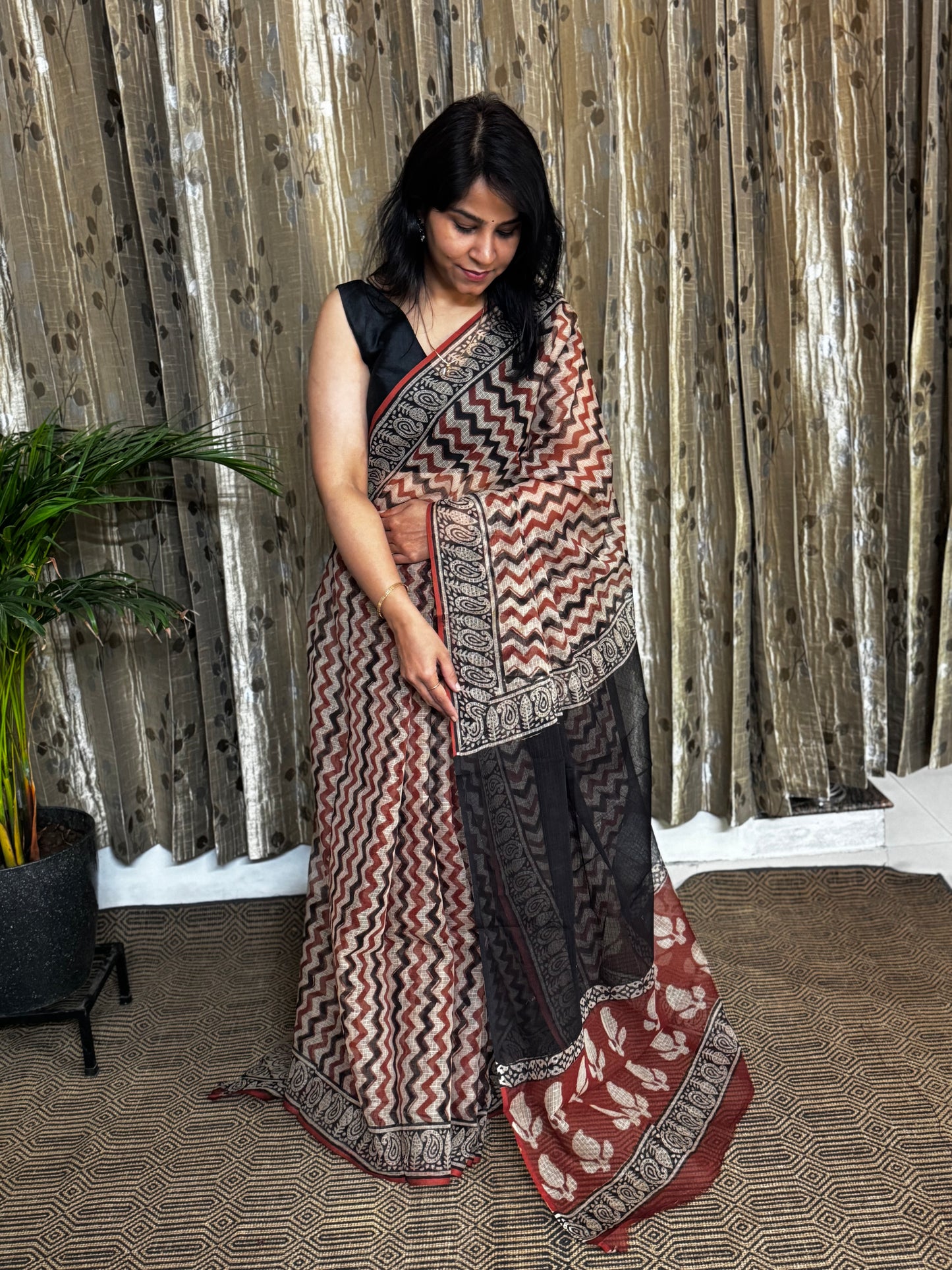 Chevron Block Printed Kota Doria saree
