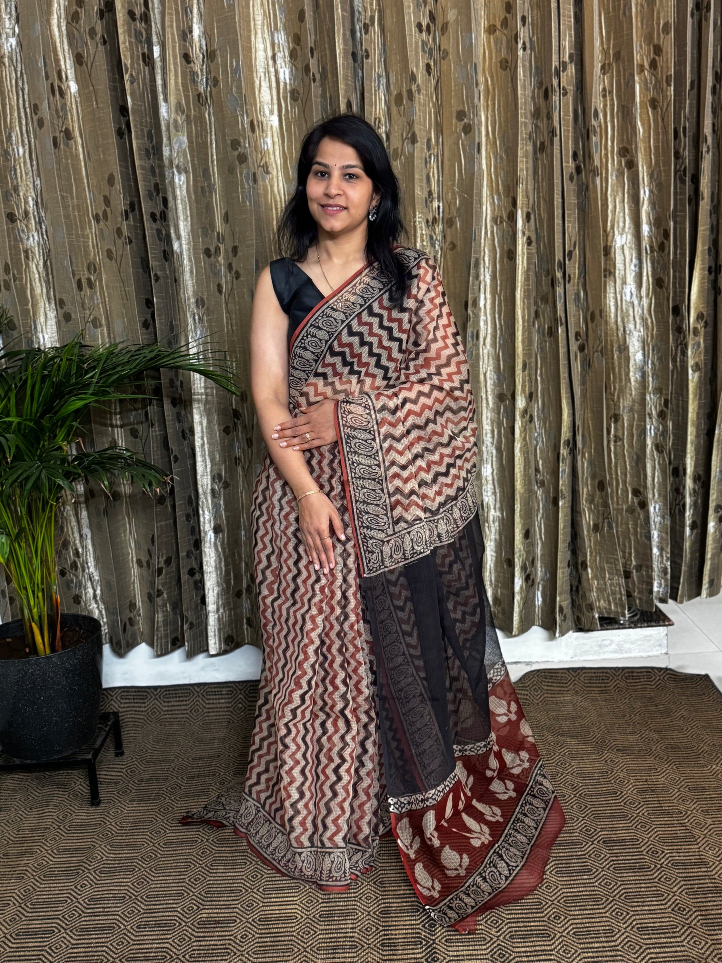 Chevron Block Printed Kota Doria saree