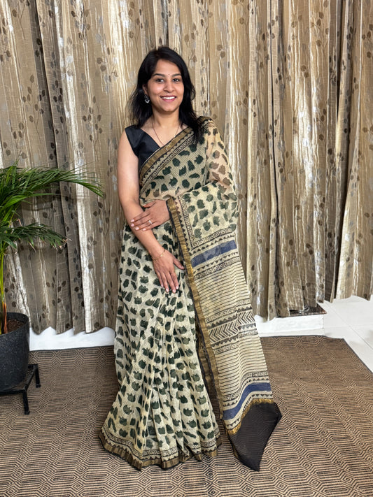 Elephant Block Printed Kota Doria saree