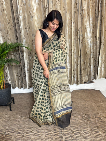 Elephant Block Printed Kota Doria saree