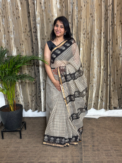 Checkered Block Printed Kota Doria saree