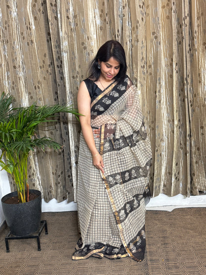 Checkered Block Printed Kota Doria saree