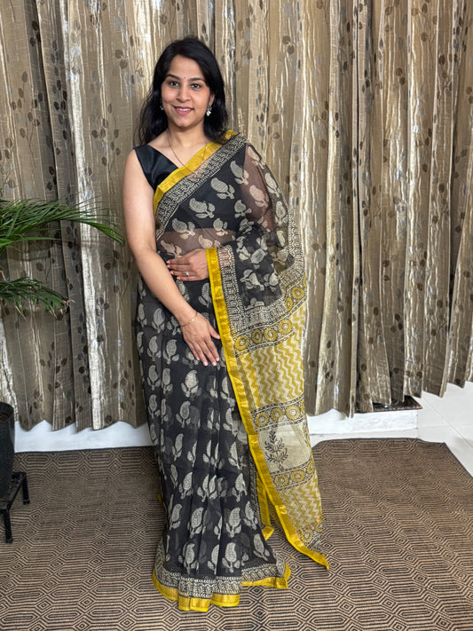 Black Block Printed Kota Doria saree