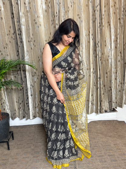 Black Block Printed Kota Doria saree