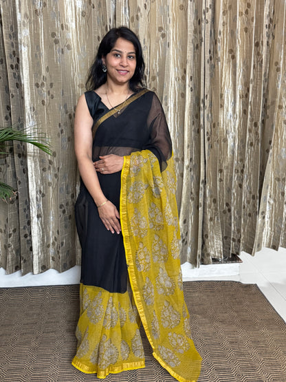 Black and Yellow Block Printed Kota Doria saree