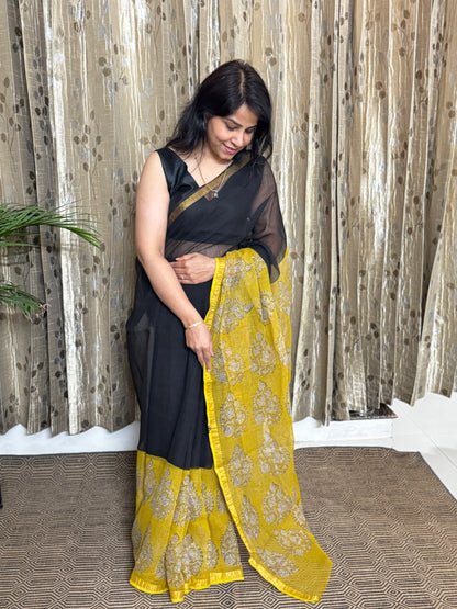 Black and Yellow Block Printed Kota Doria saree