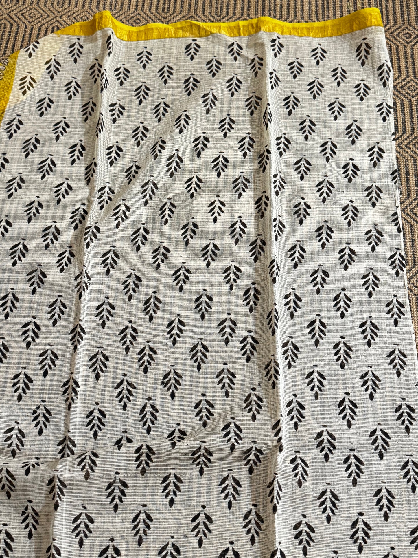 Black and Yellow Block Printed Kota Doria saree