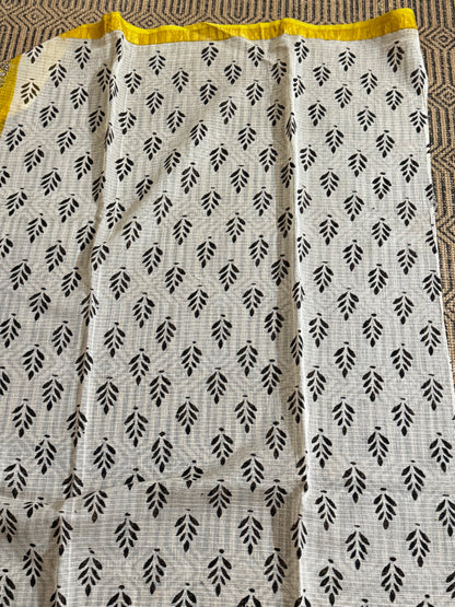 Black and Yellow Block Printed Kota Doria saree