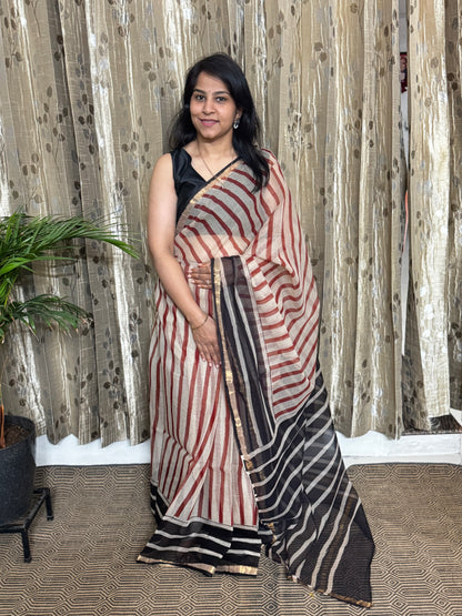 Striped Block Printed Kota Doria saree