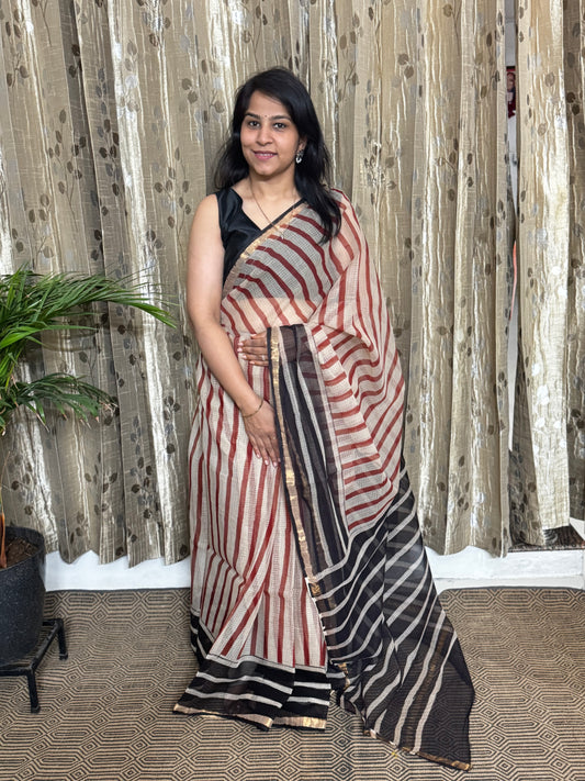 Striped Block Printed Kota Doria saree
