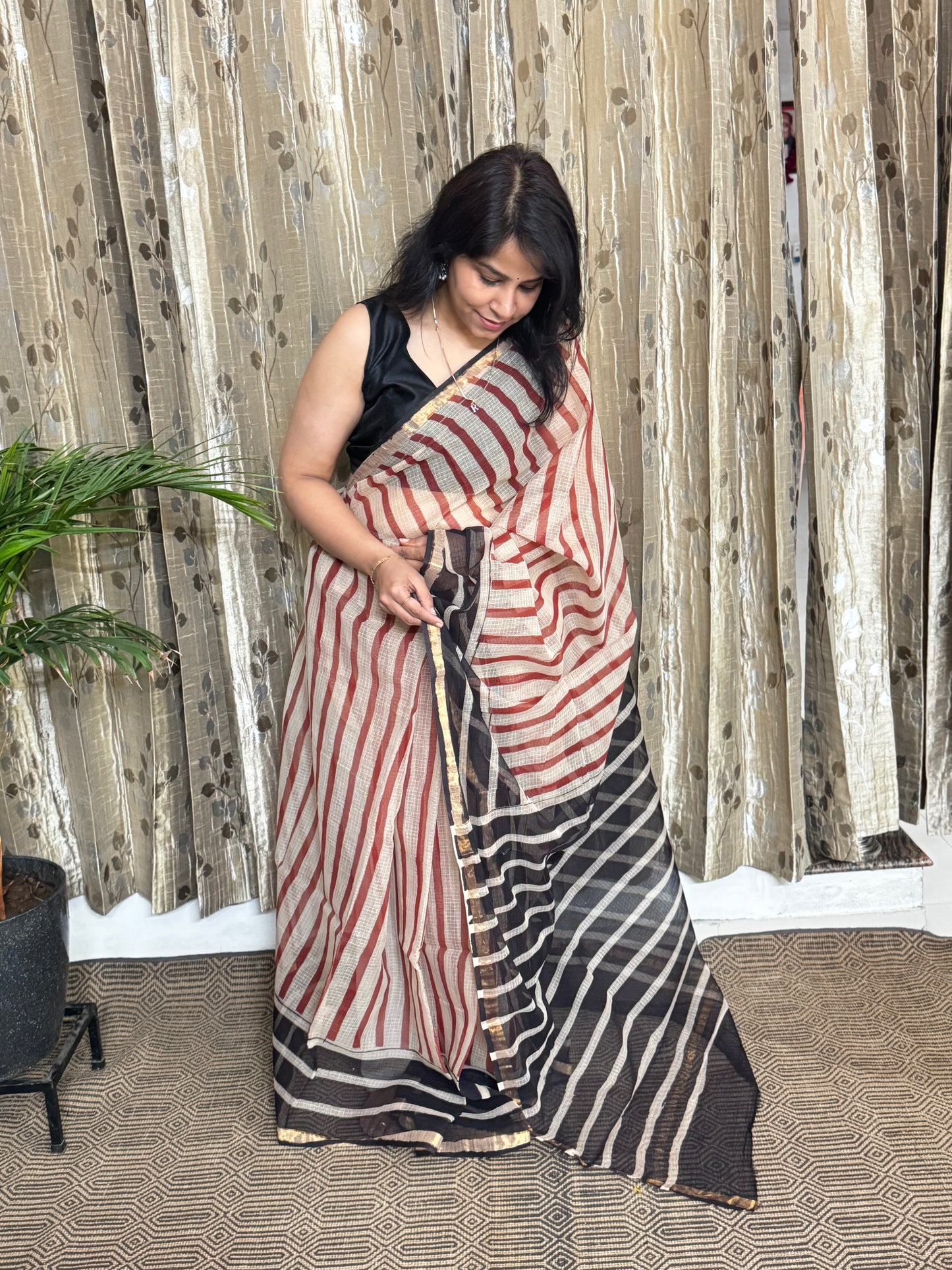 Striped Block Printed Kota Doria saree