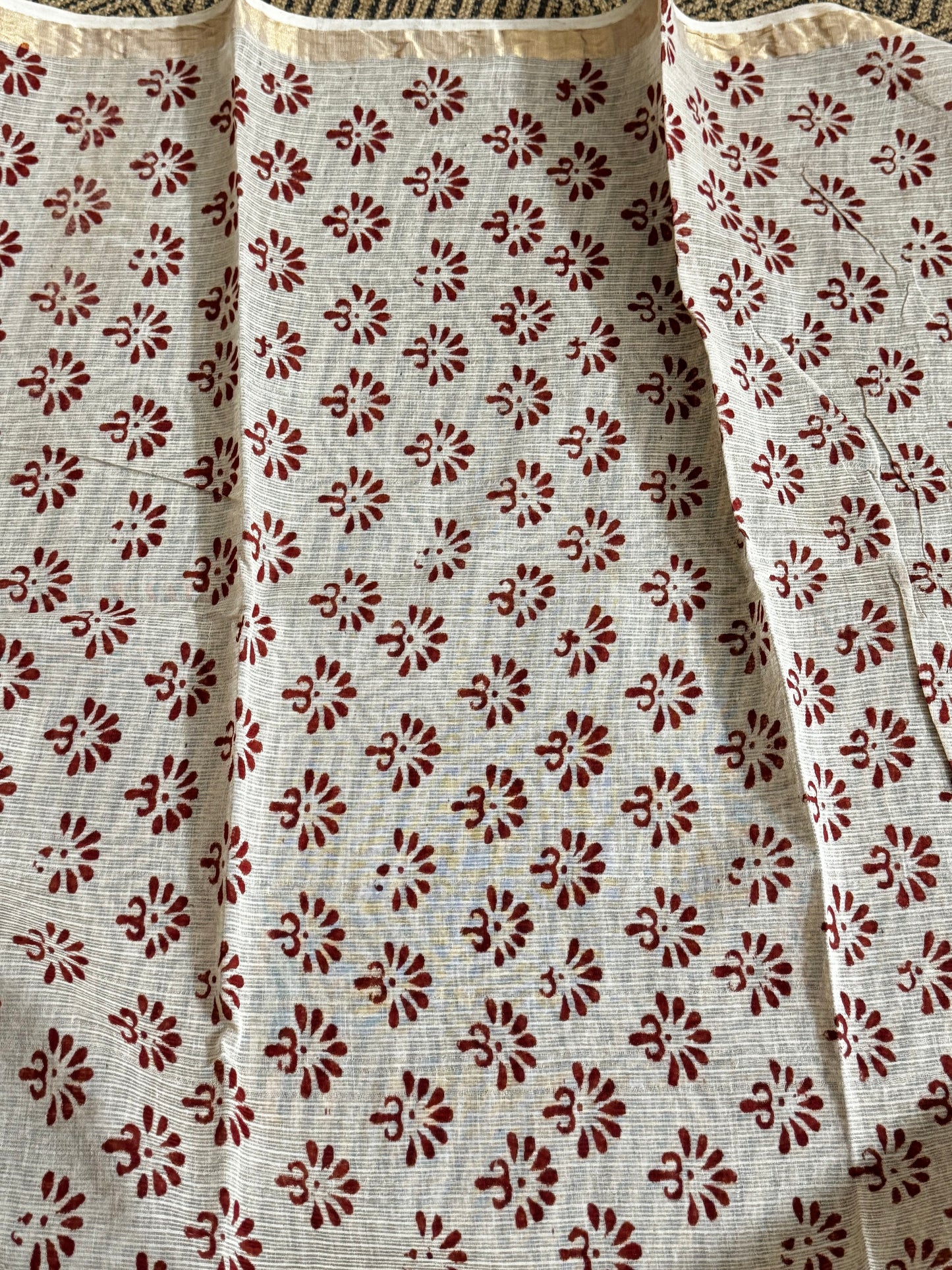 Striped Block Printed Kota Doria saree