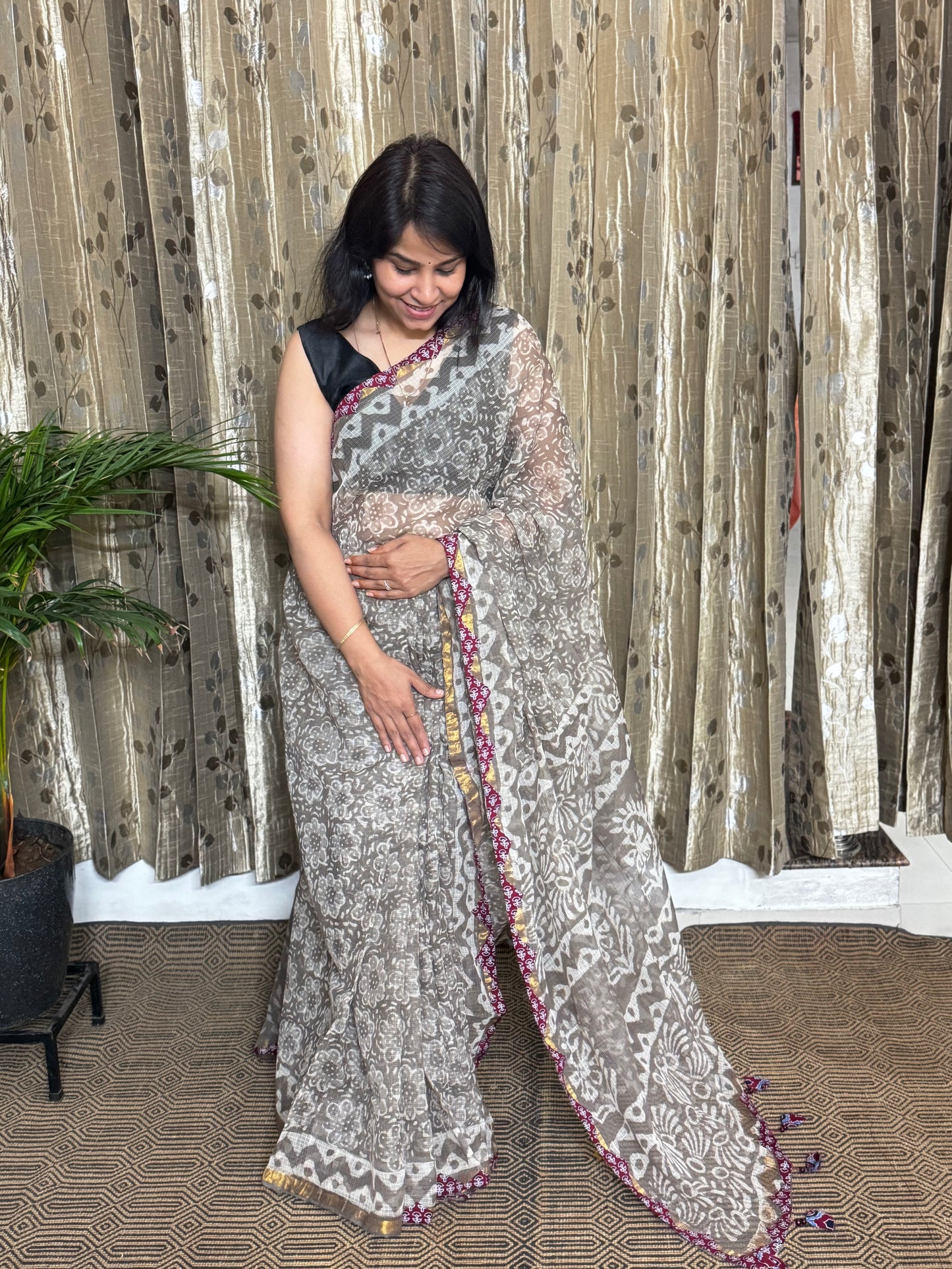 Grey Block Printed Kota Doria saree